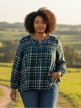 Lane Bryant Green Plaid Button-Front Peasant Tunic